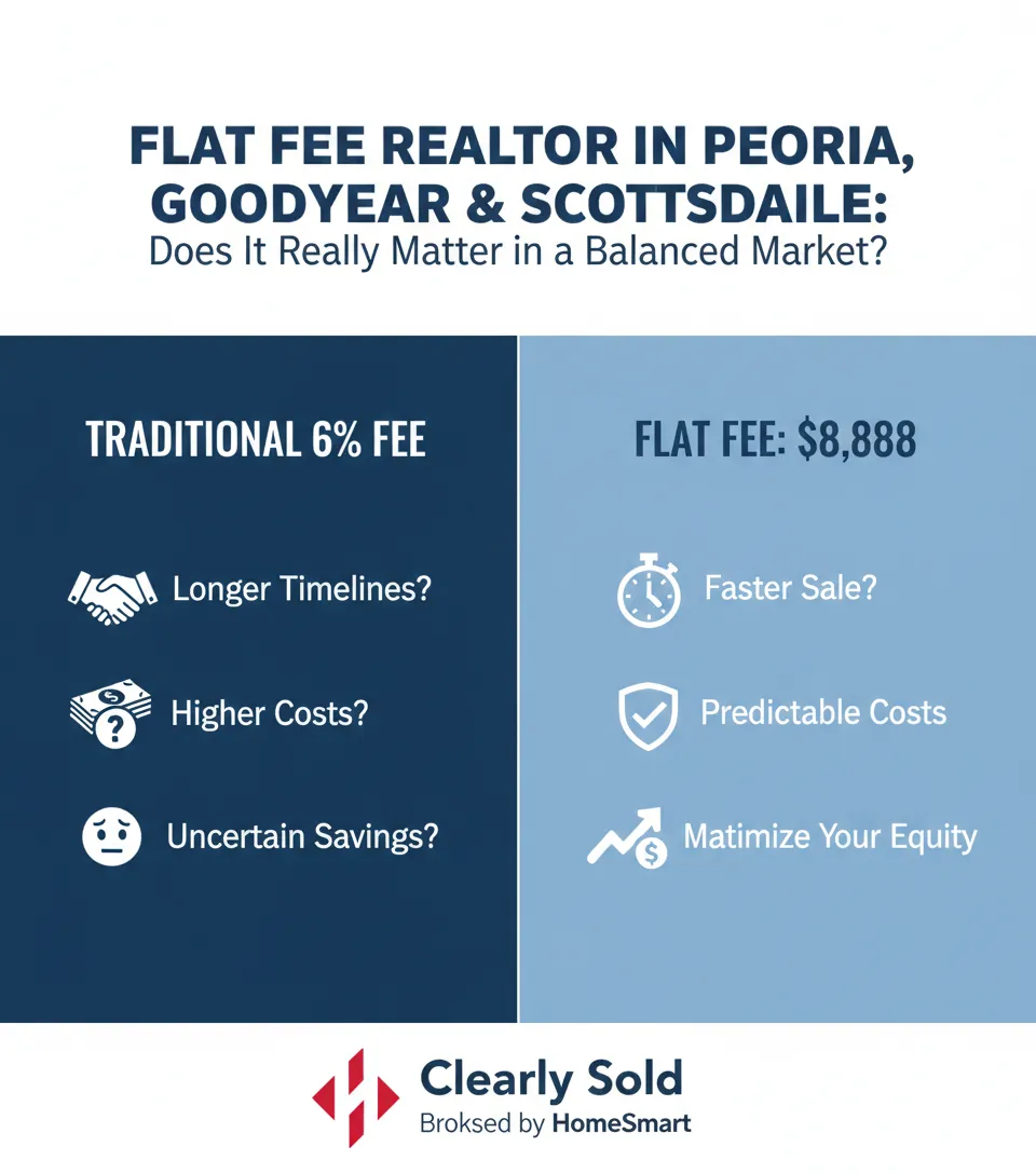 "A comparison infographic for Phoenix real estate titled 'Flat Fee Realtor in Peoria, Goodyear & Scottsdale.' The left side shows the downsides of a 'Traditional 6% Fee' including higher costs and uncertain savings. The right side highlights the benefits of the '$8,888 Flat Fee' model, focusing on predictable costs and maximizing equity. The 'Clearly Sold Brokered by HomeSmart' logo is at the bottom."