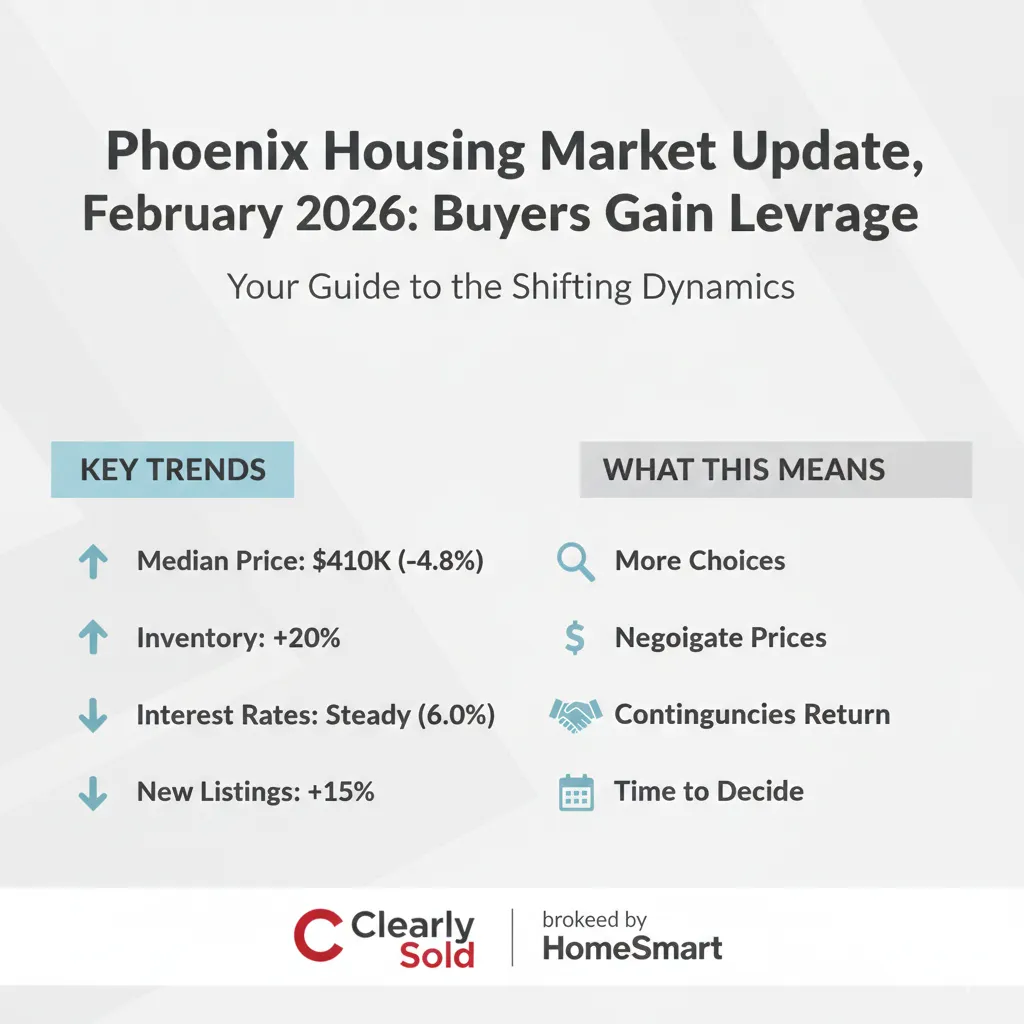 "An infographic titled 'Phoenix Housing Market Update, February 2026: Buyers Gain Leverage.' The graphic shows key trends for the Phoenix area: a median home price of $410k (down 4.8%), inventory up by 20%, interest rates steady at 6.0%, and new listings up by 15%. A section labeled 'What This Means' lists more choices for buyers, the ability to negotiate prices, the return of contingencies, and more time to decide. Clearly Sold and HomeSmart branding is visible at the bottom."