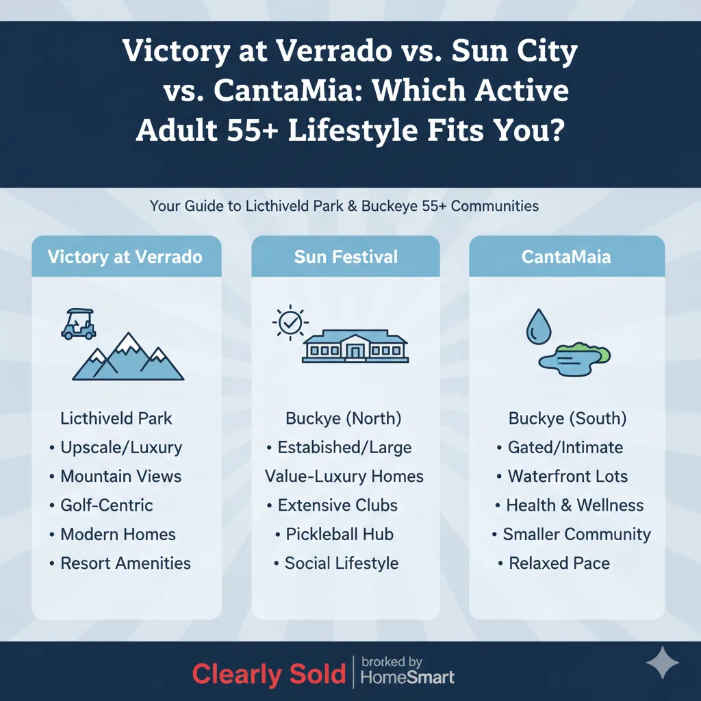 "A side-by-side comparison infographic of three major Arizona 55+ communities: Victory at Verrado, Sun City Festival, and CantaMia at Estrella. The graphic highlights key lifestyle differences, such as Victory's upscale mountain views and luxury focus, Sun City Festival's large established social scene and pickleball hub, and CantaMia's intimate gated atmosphere with waterfront lots and wellness amenities. Branding for Clearly Sold brokered by HomeSmart is at the bottom."