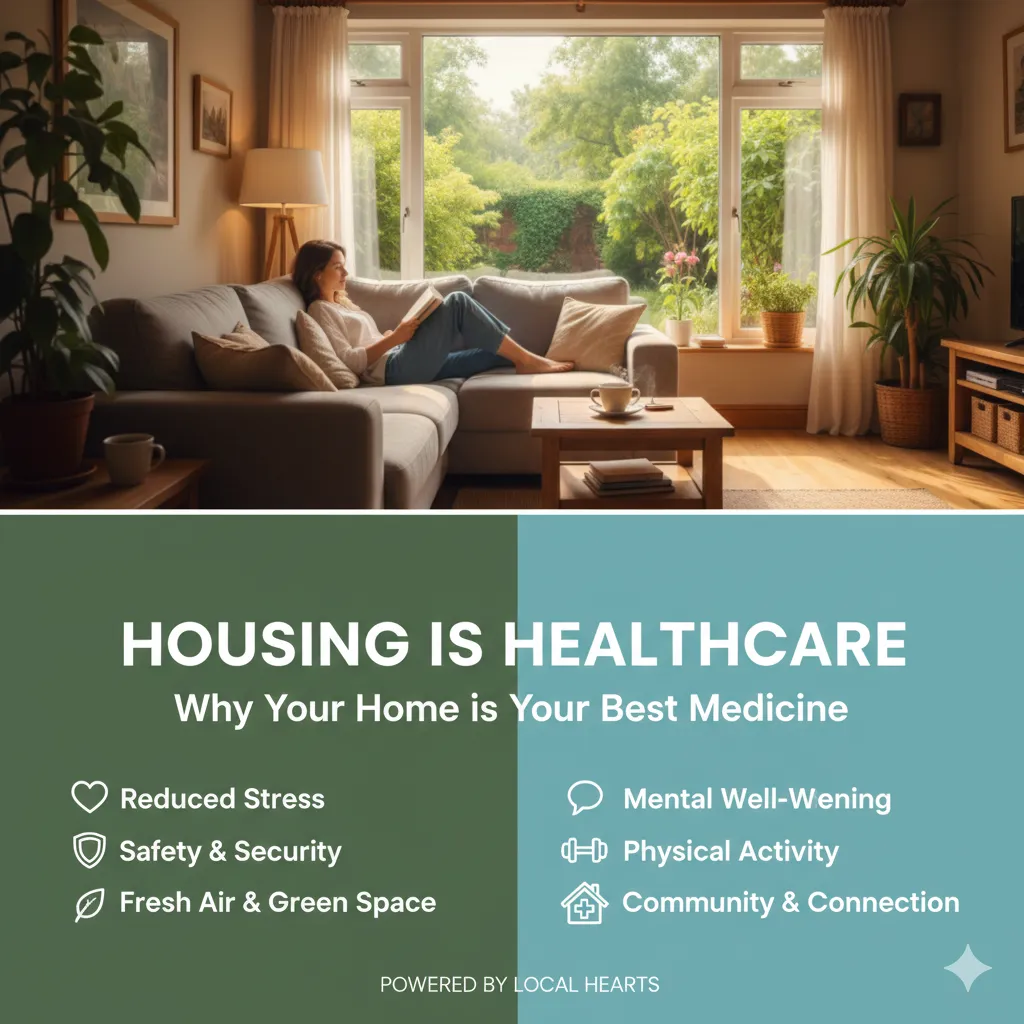 "An inspirational infographic titled 'Housing is Healthcare: Why Your Home is Your Best Medicine.' The top half features a woman peacefully reading on a couch in a sunlit living room with lush green plants and large windows. The bottom half lists health benefits of stable housing, including reduced stress, mental well-being, safety and security, physical activity, and community connection. The footer reads 'Powered by Local Hearts' against a calming green and teal background."