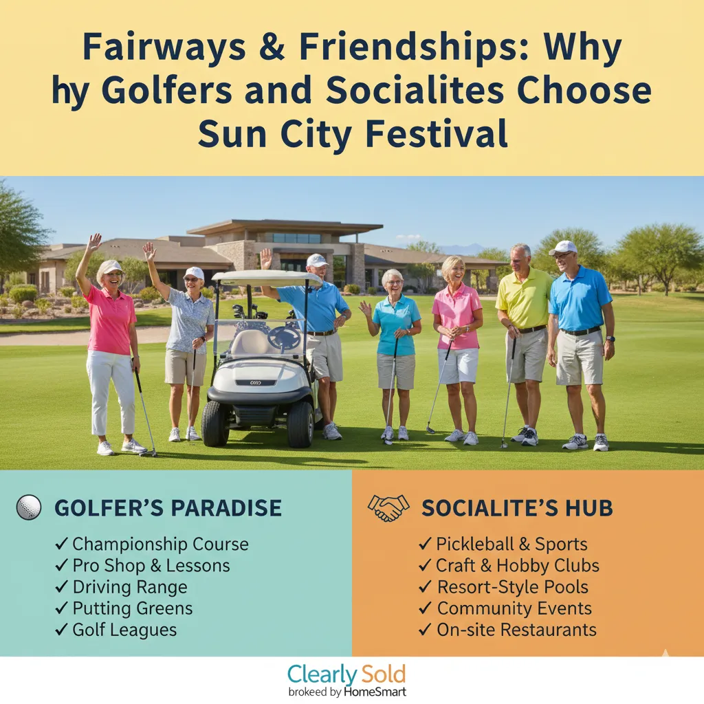 "An infographic titled 'Fairways & Friendships: Why Golfers and Socialites Choose Sun City Festival.' The main image shows a diverse group of active adults smiling and waving on a lush green golf course with a clubhouse in the background. Below, a comparison highlights 'Golfer's Paradise' features like championship courses and leagues, alongside 'Socialite's Hub' features like pickleball, hobby clubs, and resort-style pools. The Clearly Sold brokered by HomeSmart logo is at the bottom."