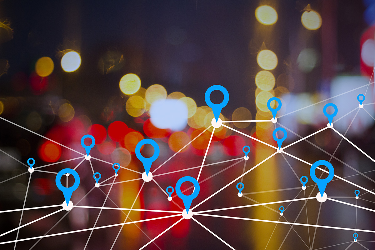 Creative Bokeh Lights Night City And Sky Background With Digital Map Pointer Connections.