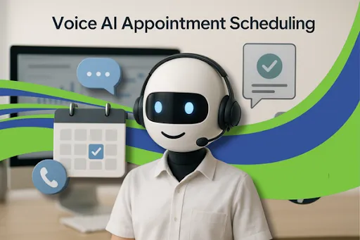 AI assistant (robot or abstract AI icon) interacting with multiple business tools, such as a calendar, phone, chat bubbles, emails, and text messages. Show appointments being booked automatically, with checkmarks or confirmation notifications.