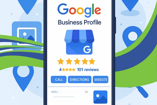 A modern smartphone displaying a Google Business Profile interface, surrounded by blue location pins, SEO icons, and photo/geotag symbols. Clean, bright, professional digital marketing theme with a blue and white color palette.