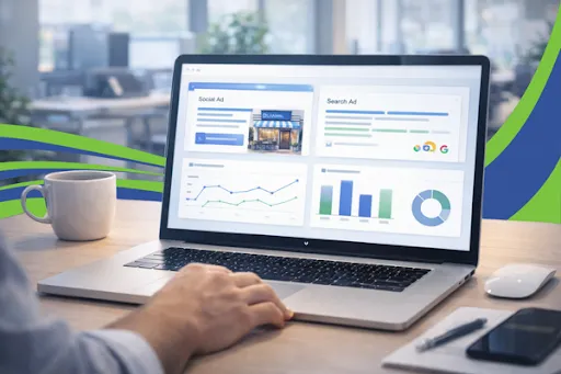 Dashboard showing Facebook and Google ad templates that help small businesses launch ads faster and learn digital marketing.