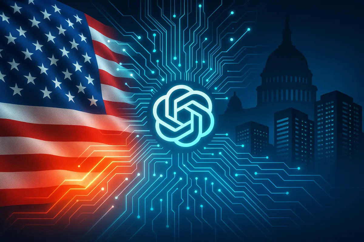 U.S. flag morphing into AI circuitry in front of Capitol dome