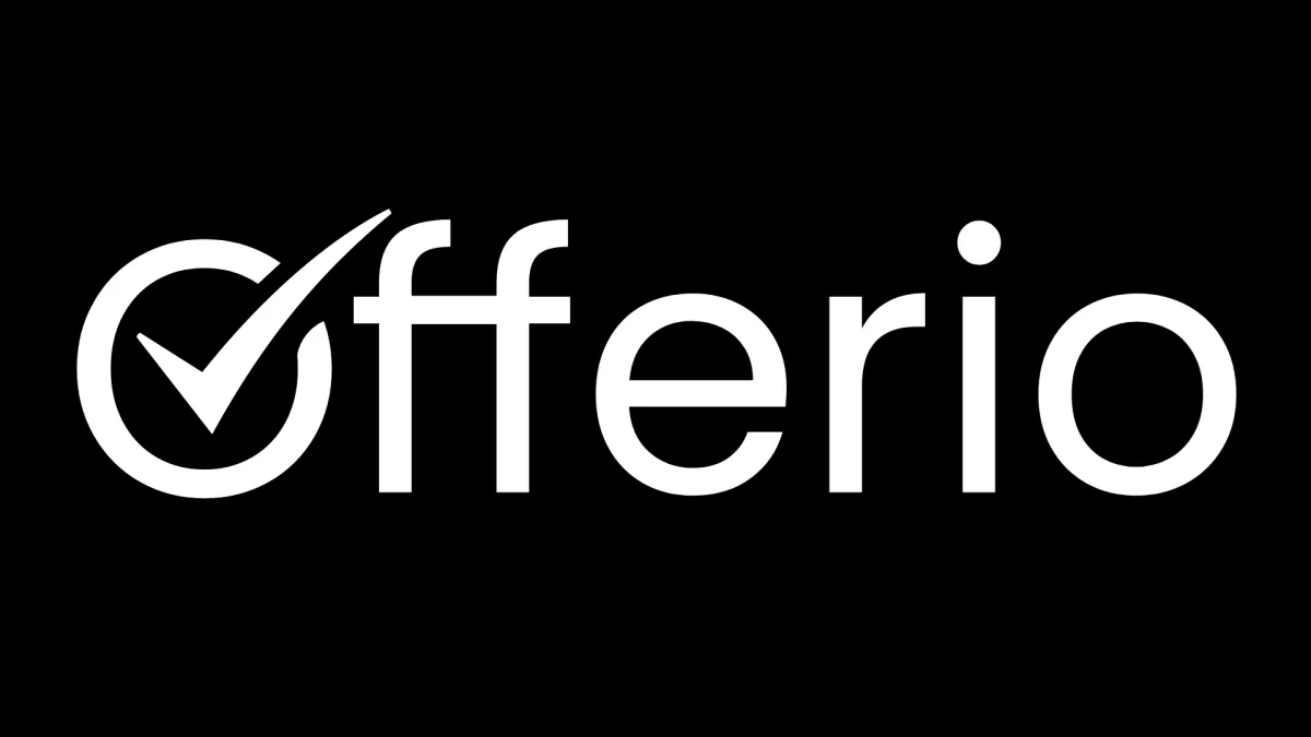 Offerio logga svart bakgrund vit logotyp