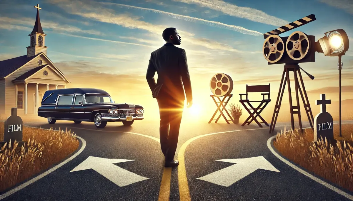 An inspiring horizontal image featuring a Black man standing at a crossroads, with subtle representations of both the mortuary business and filmmaking. The sunrise behind him symbolizes new beginnings and opportunities, reflecting the theme of pursuing multiple passions and overcoming challenges.