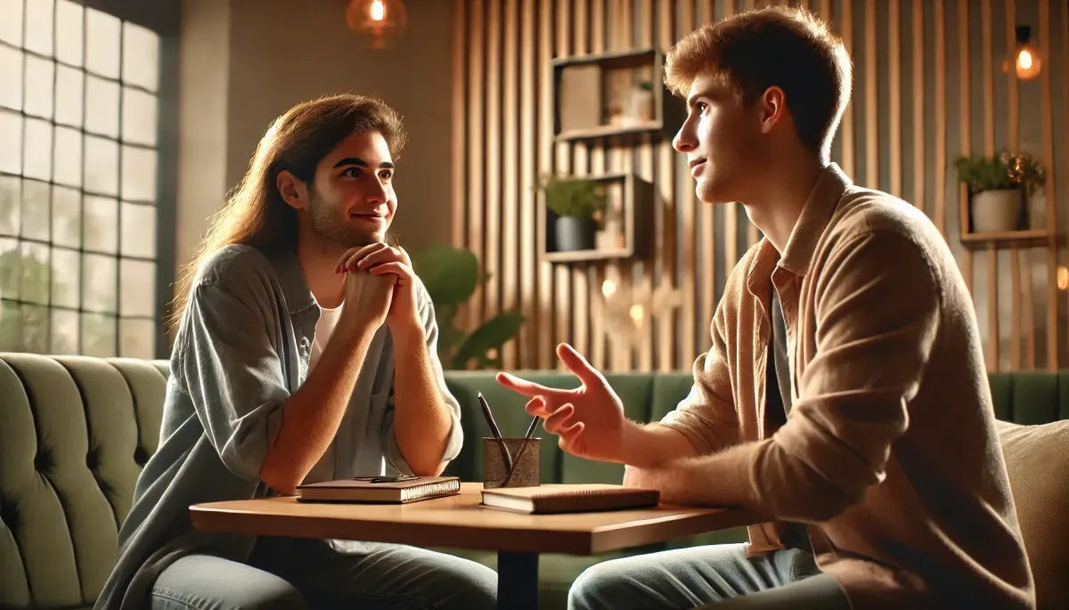 a warm, inviting moment between two people, symbolizing the kind and friendly approach to selling