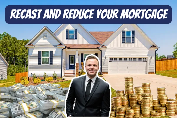 image of a house. On one side it has a large pile of money, on the other coins. To show how home owners can reduce their mortgage payments