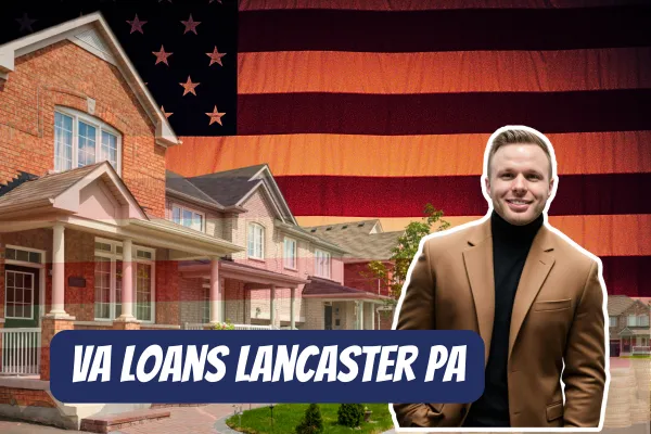 Picture of a real estate agent in front of a home. The back drop is of a american flag to symbolise the VA loan