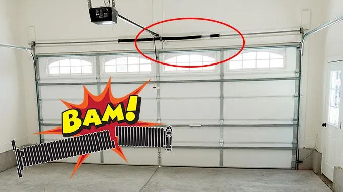 A close garage door featuring a broken spring and torsion bar, and a comical bam superimposed on the image in bright yellow and red letters.