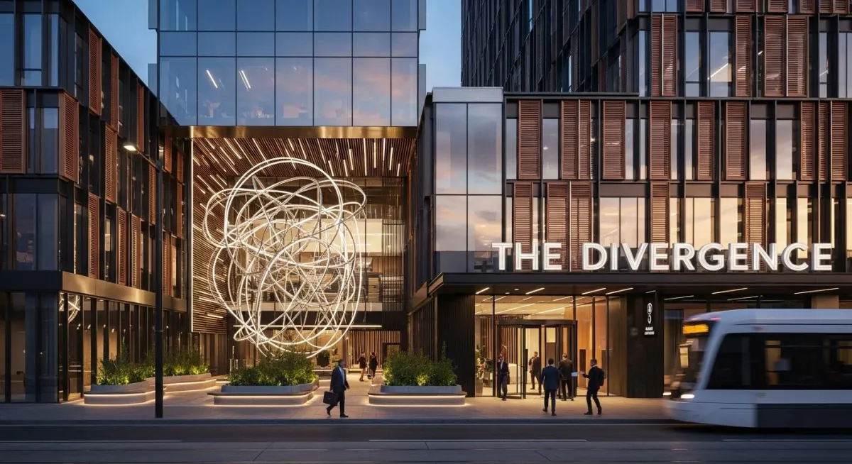 Modern Class B office building transformed with large-format wall murals and architectural graphics to enhance visual identity and tenant experience.