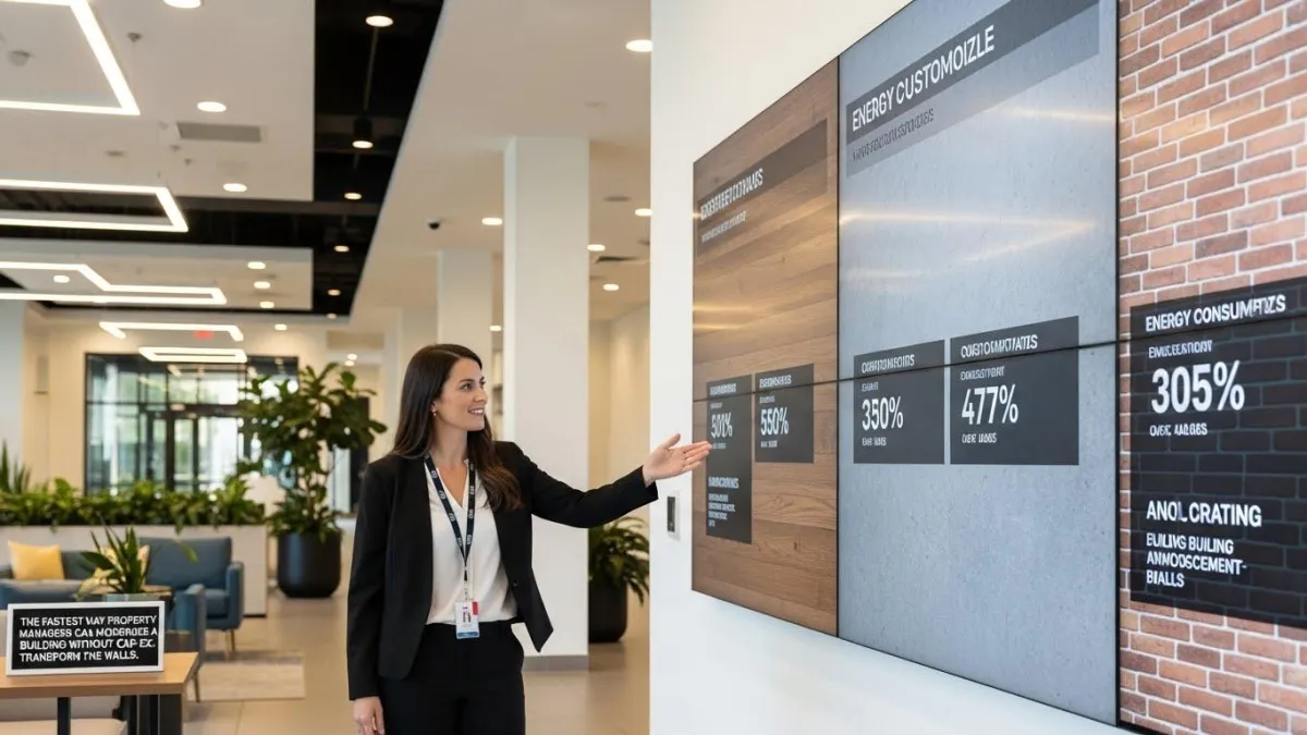 Modern office corridor transformed with NextGen wall printing, showing seamless environmental graphics that brighten the space and enhance tenant experience.