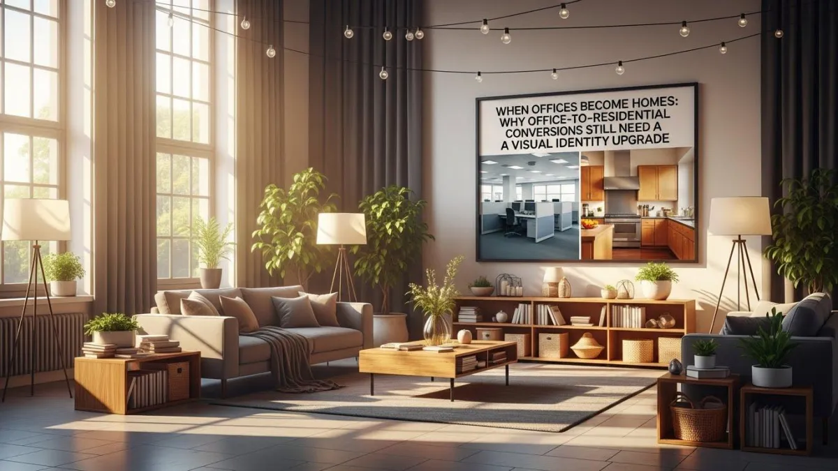 Office building transformed into residential space with modern visual identity