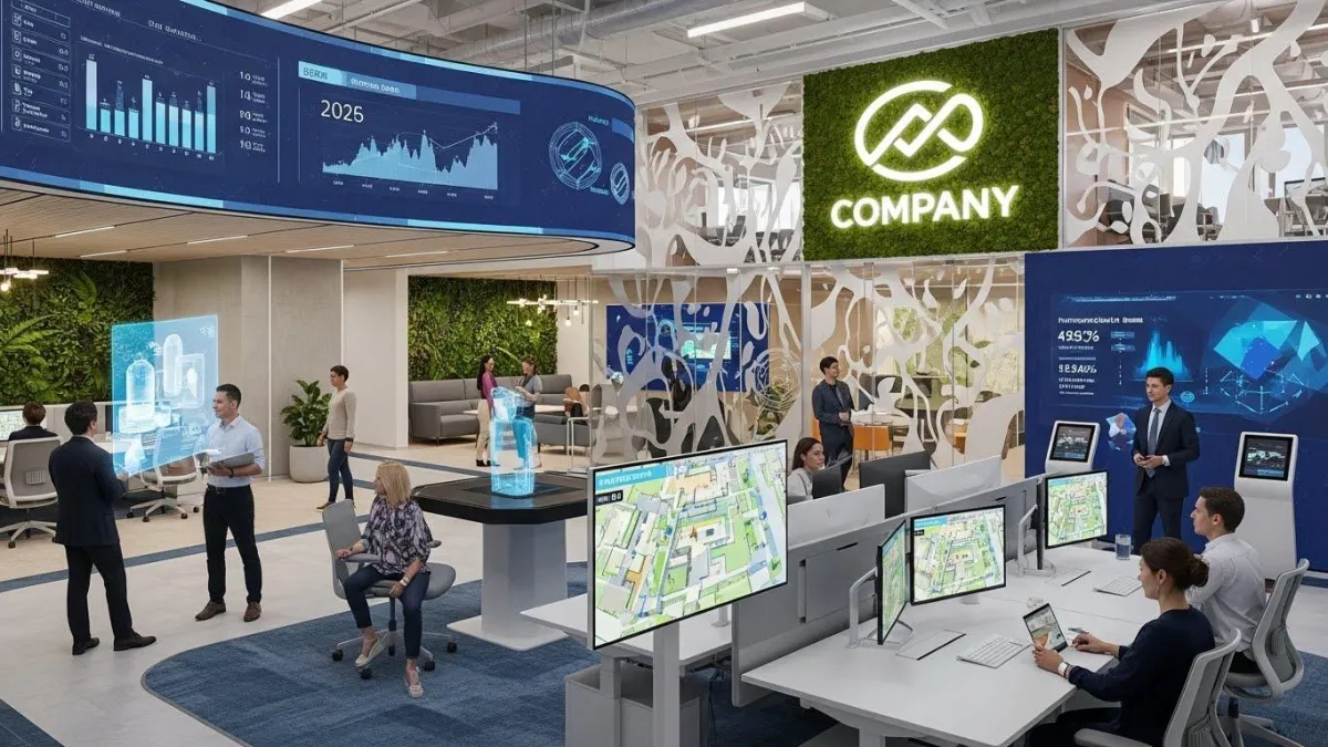 Modern workplace featuring large-scale environmental graphic mural created with high-resolution direct-to-wall printing.