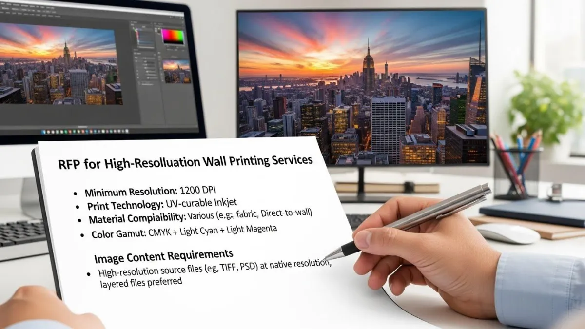 High-resolution direct-to-wall printing being applied to an institutional interior wall for durable architectural graphics and facility branding