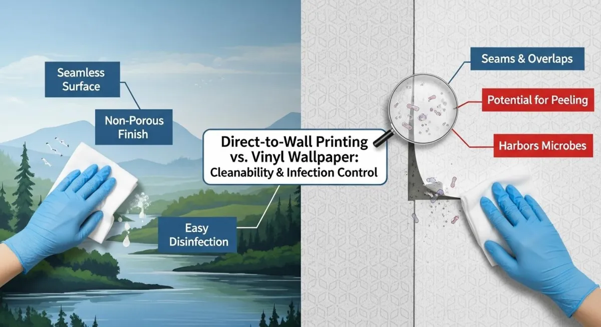 Why Direct-to-Wall Printing Outperforms Vinyl Wallpaper for Clinical Cleanability and Infection Control