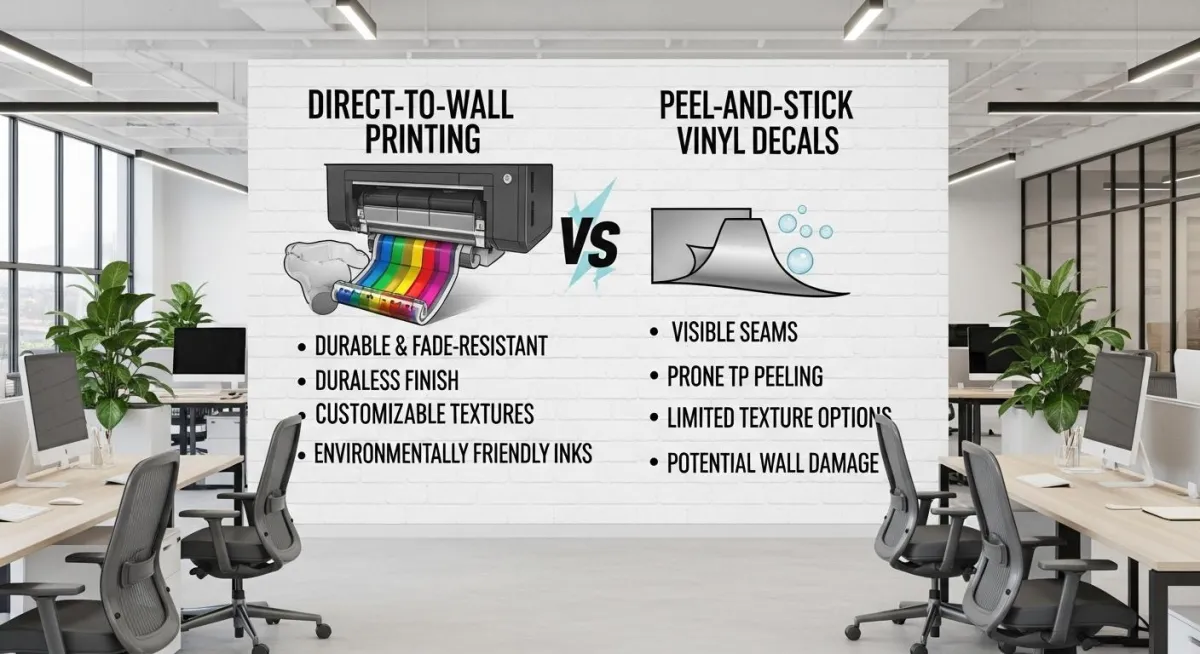 Seam-free direct-to-wall printed office graphics replacing peel-and-stick vinyl decals in a modern workspace