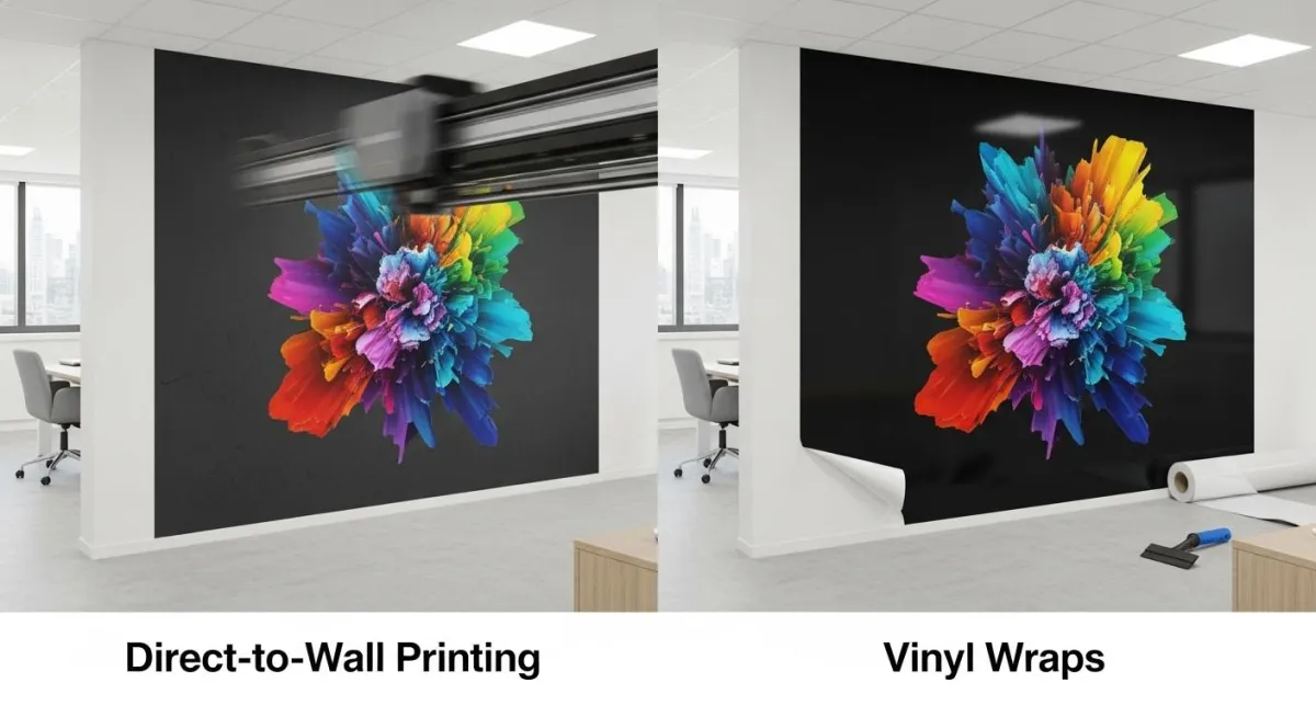 Direct-to-wall printed corporate digital art mural compared to vinyl wall wrap installation in a large lobby