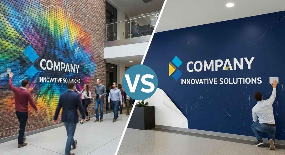 Seam-free direct-to-wall printed graphics in a high-traffic commercial corridor outperforming vinyl wraps