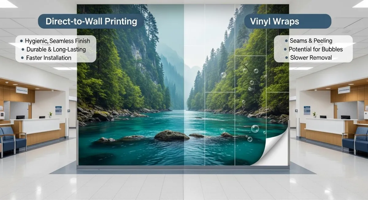 Why Direct-to-Wall Printing Outperforms Vinyl Wraps for Modern Healthcare Facilities and Hospitals