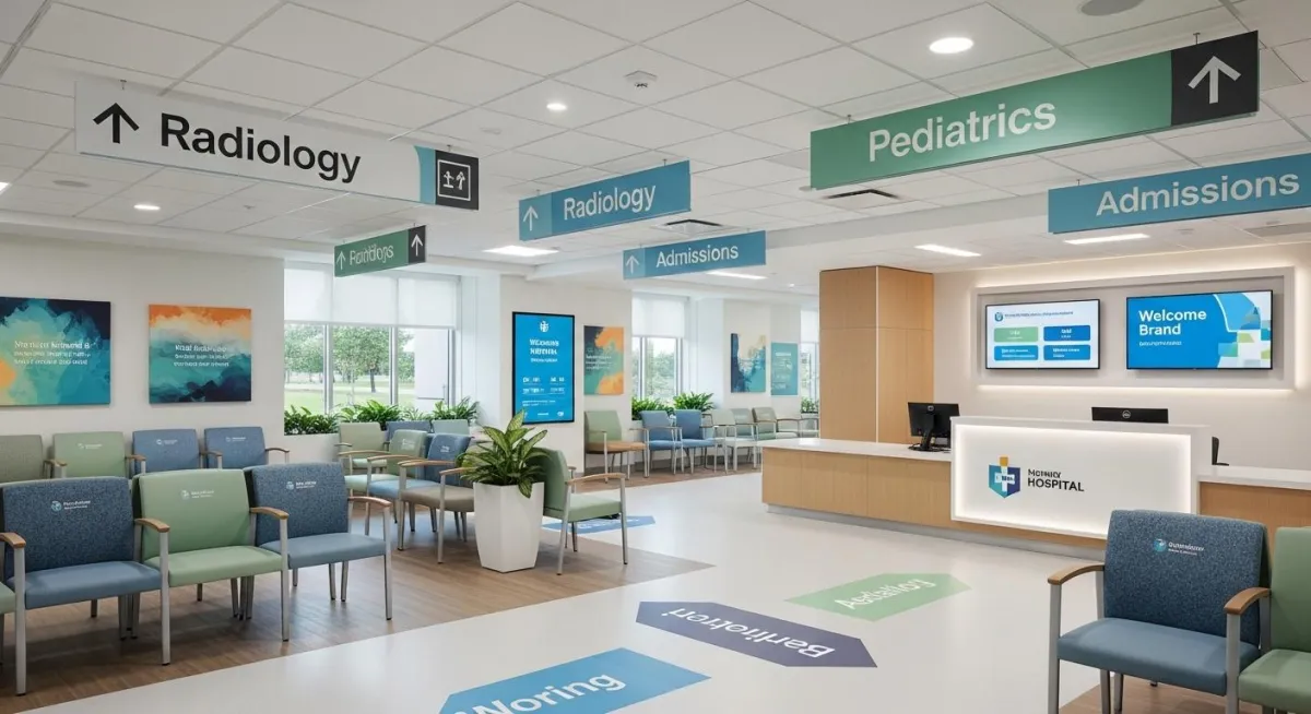 Direct-to-wall printing used for seamless interior branding in a high-traffic hospital corridor