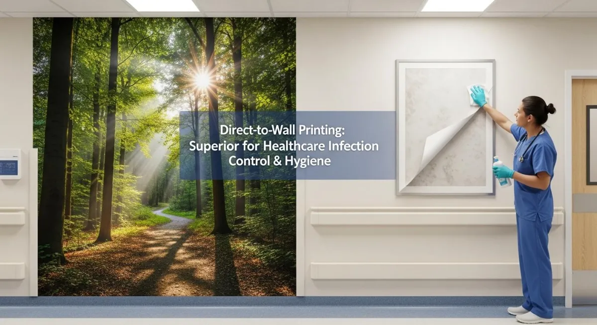 Seam-free direct-to-wall printing installed in a healthcare corridor for infection control