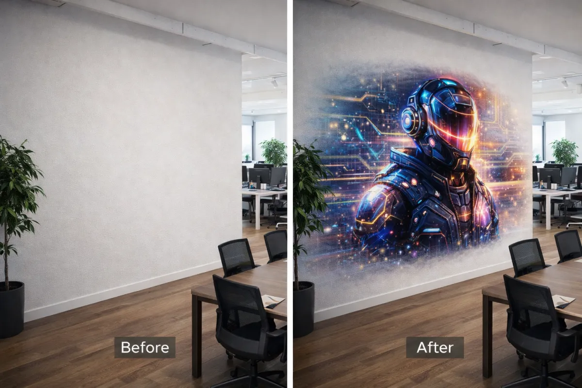Direct-to-wall printing installed in a high-traffic commercial corridor without seams or vinyl