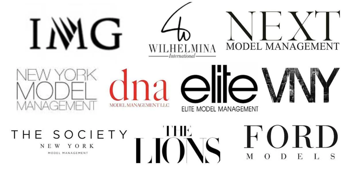 "Collage of logos from top modeling agencies including IMG, Wilhelmina, NEXT Model Management, New York Model Management, DNA Model Management, Elite Model Management, VNY, The Society New York, The Lions, and Ford Models."