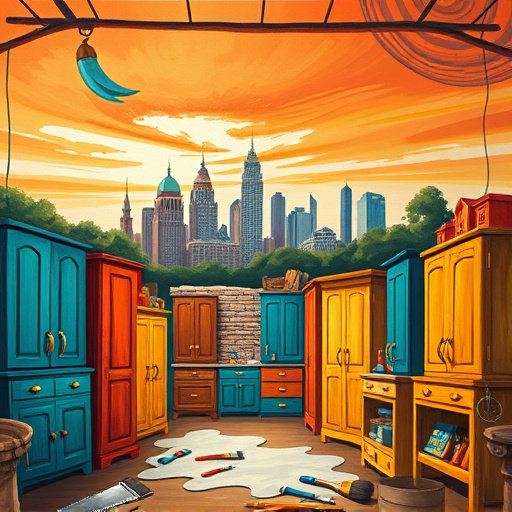 Vibrant abstract workshop scene depicting "Cabinet Manufacturers near Dunwoody, Georgia." The image features oversized wooden cabinets in diverse styles, from rustic to modern, painted in vivid hues of teal, burnt orange, and mustard yellow, showcasing whimsical handles and exaggerated curves. The energetic atmosphere is complemented by natural wood textures and bold paint colors. In the background, a stylized cityscape of Dunwoody reflects traditional and contemporary architectural elements, set against a sky that transitions from deep cerulean to warm sunset oranges. Quirky oversized tools, like cartoonish paint brushes and saws, are scattered throughout the scene, adding a playful touch to the craftsmanship theme. An abstract wood grain motif weaves through the sky, enhancing the connection to cabinet-making. The expressionism art style, characterized by bold brush strokes and a contrasting color palette, creates a whimsical yet sophisticated mood, celebrating creativity and the art of cabinet design.