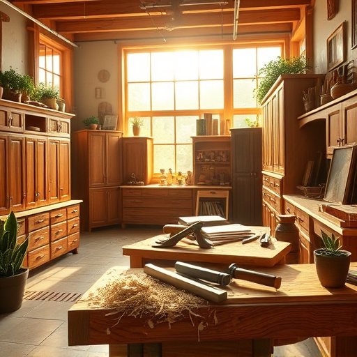 A captivating blog cover image featuring the theme of "refinishing cabinets in the kitchen" in an Art Deco style. The focal point is a beautifully refinished kitchen cabinet with intricate floral motifs engraved into the wood, showcasing the elegance of the Art Deco era. The color palette includes soft, rich hues of deep teal, muted gold, and creamy white, creating a warm and sophisticated atmosphere. Surrounding the cabinet are whimsical kitchen tools, such as a vintage paintbrush, a sleek sander, and elegantly designed paint cans, introducing a quirky touch to the scene. Playful, anthropomorphized paintbrushes and rollers with smiling faces convey a sense of camaraderie in the refinishing process. The background features a sunburst pattern typical of Art Deco, radiating energy from the cabinet. Warm sunlight streams through a decorative window, highlighting the cabinet's textures, while potted herbs on the sill bring a connection to nature. This blend of visual elements creates a playful yet professional tone, embodying the spirit of home improvement and inviting readers to explore the art of kitchen transformation.
