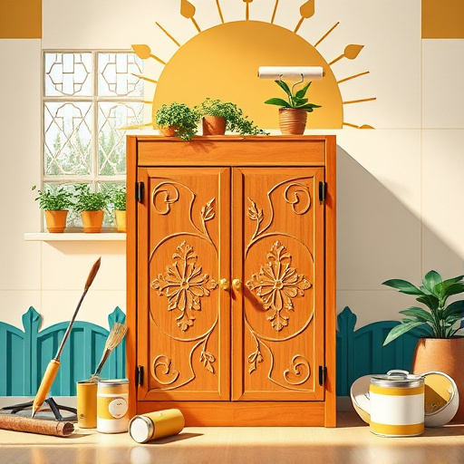 A rustic workshop scene showcasing local cabinet repair experts in Dunwoody, Georgia, filled with wooden cabinets at various stages of repair. Intricate carvings and charming imperfections highlight the craftsmanship of the pieces. Soft light filters through a large window, casting gentle shadows on warm wood tones. The workshop is cluttered with tools and paint cans, accompanied by quirky furniture like an oversized chair and a cabinet with a mismatched door. A small, playful squirrel peeks through the window, symbolizing local nature, while a vibrant bluebird perches atop a cabinet, adding color to the scene. Native Georgia plants, including magnolia branches and azaleas, frame the workshop's entrance. The color palette features earthy browns, soft greens, and warm creams, evoking tranquility and professionalism in a homely craftsman’s atmosphere, underscoring the art of cabinet making.