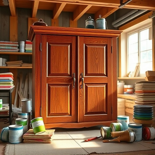 Alt Text: A beautifully restored cabinet serves as the focal point of a cozy workshop scene, showcasing its gleaming wood surface with intricate grains and rich reddish-brown tones, symbolizing cabinet refinishing success. Scattered around the cabinet are colorful, mismatched paint cans and brushes, hinting at the transformation process. A playful tiny, smiling paintbrush character peeks from behind a paint can, adding humor to the image. The background features wooden beams and gentle sunlight filtering through a window, with shelves filled with tools and vibrant fabric swatches, enhancing the creativity of the setting. The composition, inspired by High Renaissance art, employs deep colors and soft contrasts, creating a warm tone that resonates with the pride of DIY projects and the essence of rejuvenation and creativity.