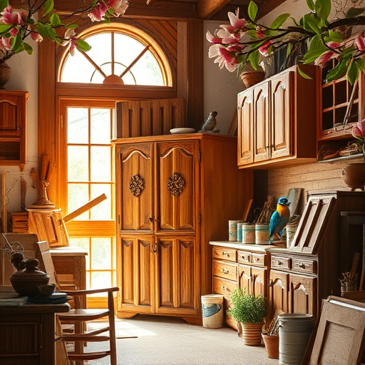 A serene workshop in Cartersville, Georgia, showcasing expert cabinet making. The spacious, sunlit workspace features an array of finely crafted wooden cabinets with intricate designs and polished finishes in various natural wood tones. Soft, golden sunlight streams through large windows, highlighting the fine grains of wood and delicate curls of shavings scattered across a sturdy workbench. An assortment of tools, including chisels, planes, and saws, are thoughtfully arranged on the bench, emphasizing the meticulous craftsmanship in this creative haven. The atmosphere is calm and inspiring, inviting viewers to appreciate the artistry and dedication of cabinet making. Playful representations of wood grain patterns resembling whimsical creatures subtly intertwine with the cabinets and tools. The color palette includes rich browns, warm ambers, and hints of deep greens from potted plants, enhancing the natural connection and beauty of woodworking. The composition is balanced and inviting, reflecting the quality and sophistication of top-rated cabinet makers while maintaining a tranquil and creative essence.