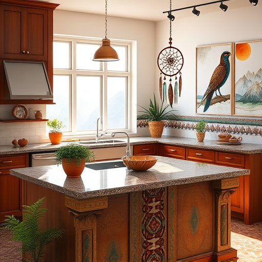 A wide, intricately decorated cabinet stands elegantly in a serene room, exuding a whimsical yet inviting mood that perfectly embodies "Unique cabinet painting ideas." The cabinet features vibrant patterns inspired by Traditional African Art, showcasing bold geometric shapes and stylized flora and fauna in deep reds, rich blues, and vibrant yellows, creating a joyful and creative atmosphere. Playful splashes of paint adorn the wooden floor, hinting at an artistic process and emphasizing creativity.
In the background, a textured wall in earthy tones contrasts with the cabinet's vivid colors and paint splatters. Tropical plants in planters peek from the corners, enhancing the lively and artistic feel of the space. Scattered paintbrushes, some against the cabinet and others on the floor, suggest an excitement for a new project. Soft natural light filters through a nearby window, casting warm shadows and highlighting the cabinet's textured patterns. A small stool, whimsically hand-painted, sits nearby, inviting viewers to engage in the creative process. This scene radiates a playful atmosphere, inspiring anyone who gazes upon it to explore cabinet painting with its vivid imagery and detailed craftsmanship.