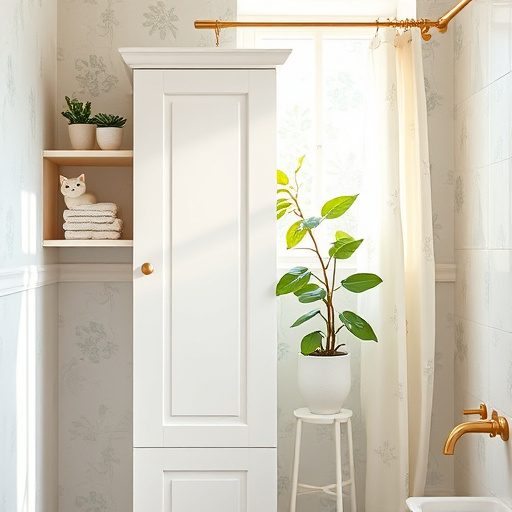 Alt text: A beautifully styled bathroom scene for a conceptual art blog cover, highlighting "Bathroom Cabinet Remodeling near Me in Atlanta, Georgia." The image features a freshly remodeled bathroom cabinet in soft whites and muted pastels, surrounded by quirky details like tiny potted succulents, a playful ceramic cat, and a whimsical geometric shower curtain. Light, airy window curtains filter warm sunlight onto a lush green plant in a porcelain pot, with textured floral wallpaper and subtle Atlanta-inspired motifs enhancing the decor. The soothing color palette of pastel blues, sage greens, and soft creams, with hints of gold accents, creates a calm and inviting atmosphere, perfect for inspiring readers to explore bathroom remodeling.