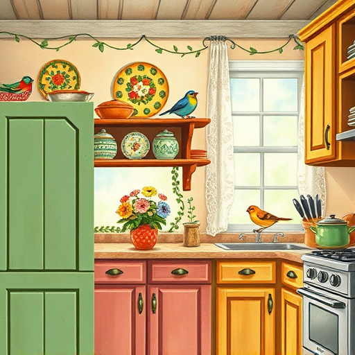 A cozy kitchen scene featuring beautifully refinished cabinets in vibrant colors and textures, showcasing craftsmanship with whimsical handles shaped like leaves and flowers. The background includes vintage kitchenware, such as brightly colored pots and hand-painted plates, evoking nostalgia and warmth. Cheerful birds interact playfully within the space, with one peeking into a slightly open cabinet door and another flitting around a blooming potted plant on the countertop. Soft pastoral elements like whimsical vines curl around the window frames, and a sunbeam filters through lace curtains, illuminating the cabinets with a gentle glow. The artwork embodies a FolkArt style with bold outlines, textured surfaces, and a warm earthy color palette of rich greens, warm yellows, terracotta, and soft pastels, creating an uplifting and inspiring atmosphere that invites readers to envision their own home transformation journey through cabinet refinishing.