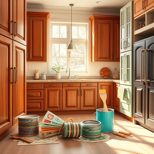 A vibrant blog cover image depicting the topic "Best Cabinet Refinishing Companies in Atlanta, Georgia." The scene features a serene workshop showcasing a variety of cabinet styles in shades of soft teal, rustic brown, and creamy white. Cabinets are arranged to highlight intricate details such as carved handles and elegant grain patterns, conveying a calm yet creative atmosphere. An oversized paintbrush leans playfully against one cabinet, dripping vivid paint colors symbolizing creativity. A tiny bird perches on the paintbrush, while a playful squirrel peeks from behind a cabinet, adding charm and personality. Soft bamboo plants and delicate cherry blossom branches in the background enhance the scene with gentle hues of green and pink, merging traditional Chinese brush painting elements with modern cabinet refinishing themes, creating a harmonious color palette that evokes tranquility and creativity.