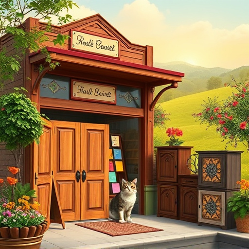 Alt text: "Blog cover image featuring an inviting cabinetry shopfront in Cartersville, Georgia, surrounded by lush greenery and vibrant flowers. In the foreground, an assortment of beautifully crafted custom cabinets showcases various styles, including rustic wood grains and sleek modern designs. A whimsical cabinet door is slightly ajar, revealing colorful paint swatches, while a playful cat peeks out, emphasizing the warmth of the space. The background depicts rolling hills with blooming wildflowers under a bright sky transitioning from warm golds to soft blues. The image incorporates Traditional African Art techniques with geometric patterns on the storefront and cabinets, using an earthy color palette of terracotta, deep greens, and warm yellows, evoking comfort and creativity in home design."