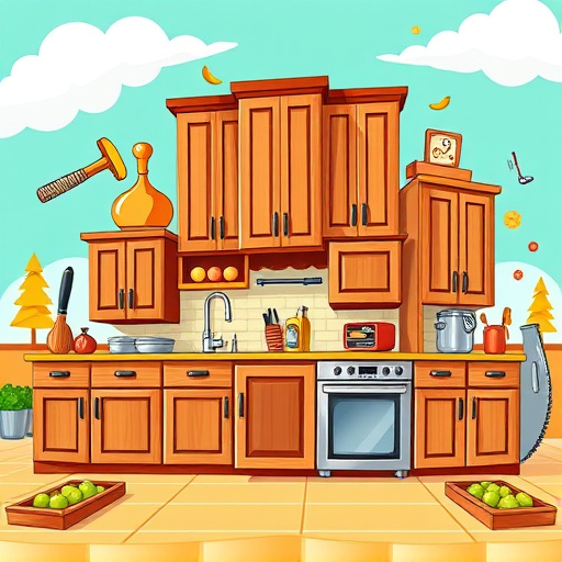 Alt text: A vibrant street art-inspired blog cover image showcasing a modular kitchen design tailored for small spaces. The focal point features intricately customized cabinets with various textures and finishes, highlighting innovative storage solutions like pull-out shelves and hidden compartments. Playful illustrations of a quirky whisk, oversized spatula, and hanging pot plants add a fun touch. Bright colors such as teal, mustard yellow, and deep pink reflect an energetic tone. The cozy urban kitchen background includes a city street view with graffiti details, while potted herbs and succulents enhance the warm atmosphere. This artwork inspires creativity in small kitchen cabinet modifications.