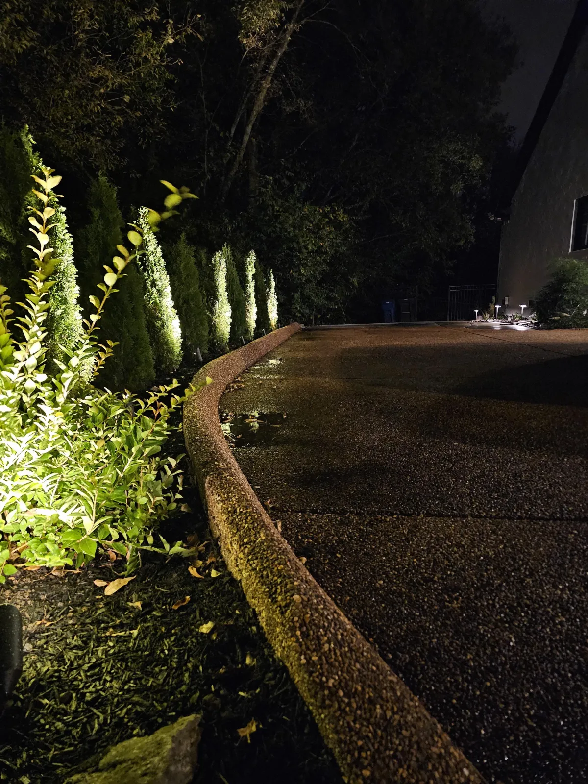 It's Evening, the Driveway welcomes you Home with tasteful and Elegant Lighting on the Tree line and the Garden. The Pathway contrasts against the organic greenery. as the light and shadows dance in the driveway.