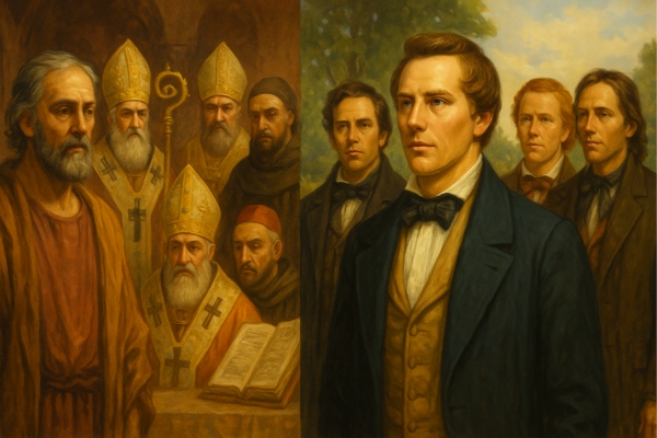 Split historical illustration showing early Christian leaders from the Nicene era on the left and Joseph Smith with early Latter-day Saint witnesses on the right, symbolizing doctrinal comparison across Christian history.