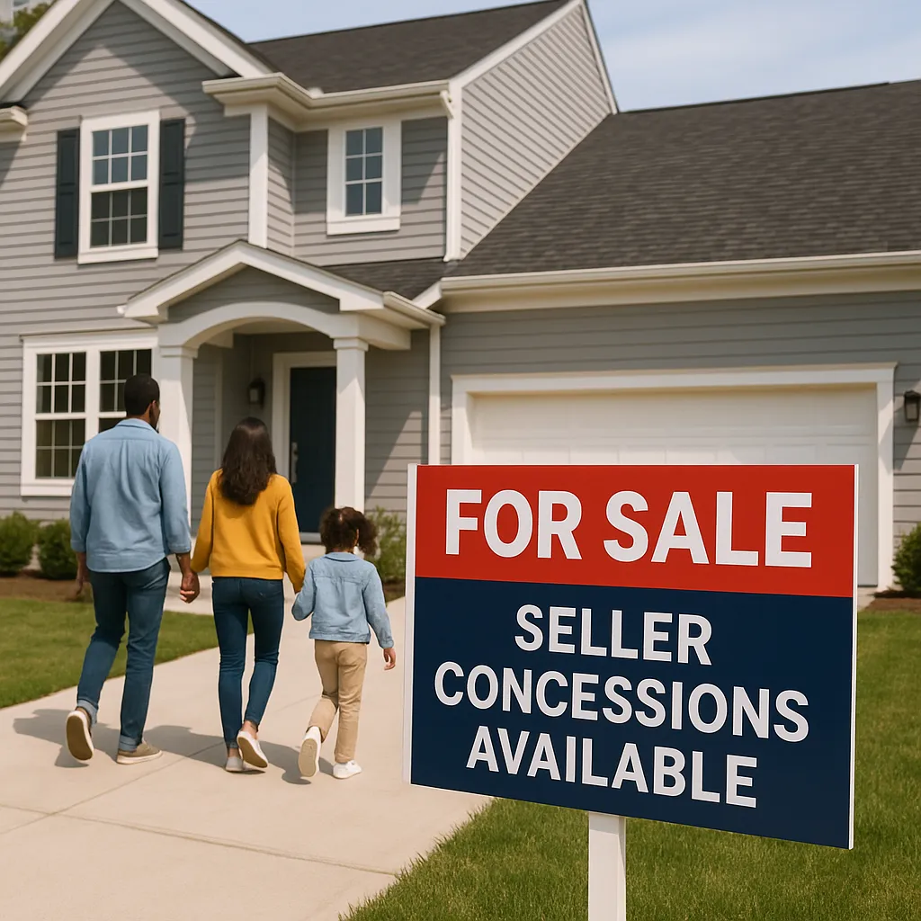 Family walking toward a modern home with a FOR SALE sign offering seller concessions