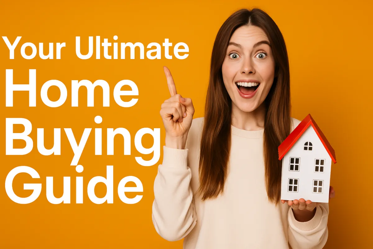 Girl with long black hair holding a house pointing toward the words, Your Ultimate Home Buyers Guide
