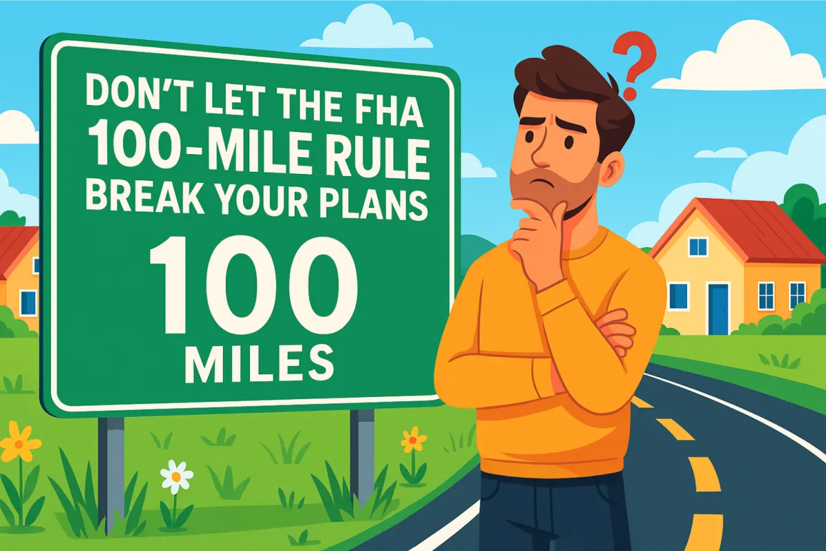 A road sign with a man standing beside it. The line says don't let the FHA 100 mile rule derail your home buying experience.