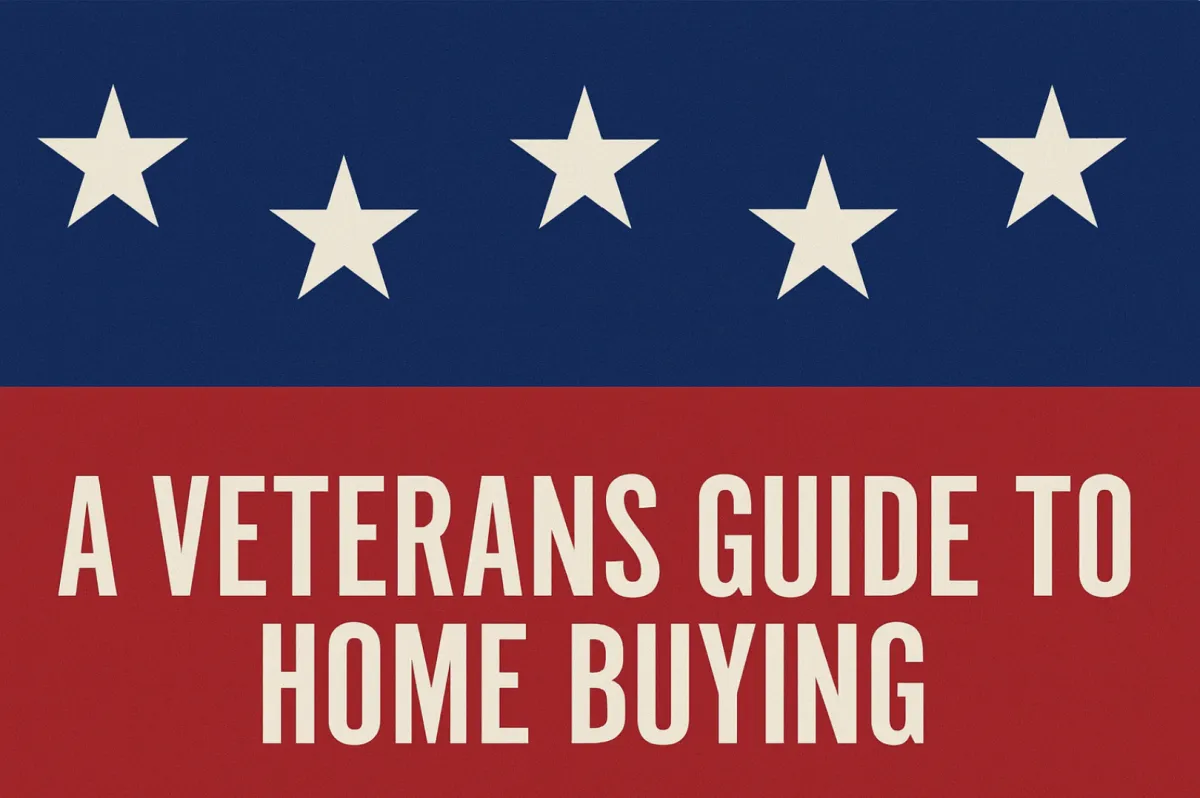 A Red and Blue Banner with stars on top and "A Veterans Guide to Home Buying" on the bottom.