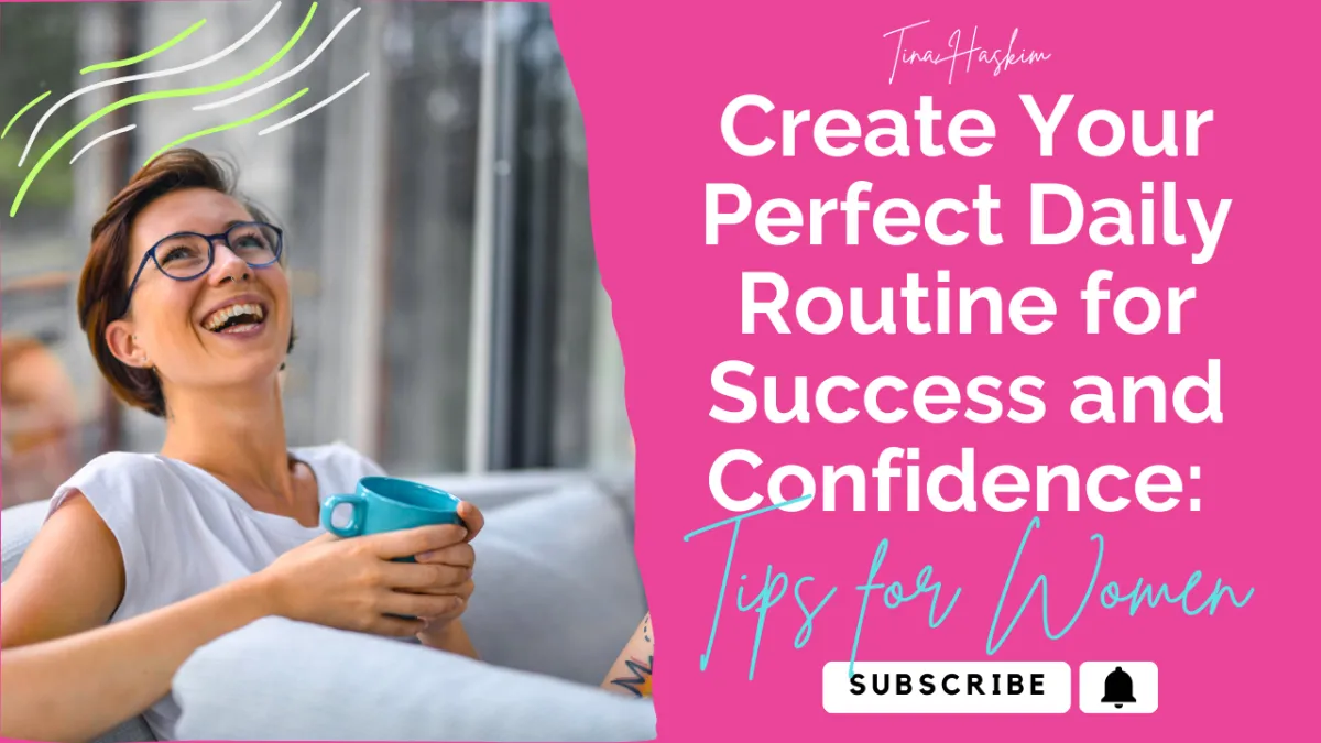 a happy woman, drinking coffee, learning the steps to creating a daily routine.