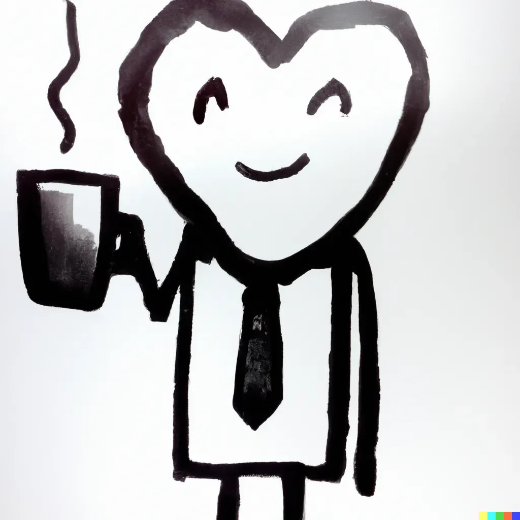 Cartoon of black and white heart holding a cup of tea