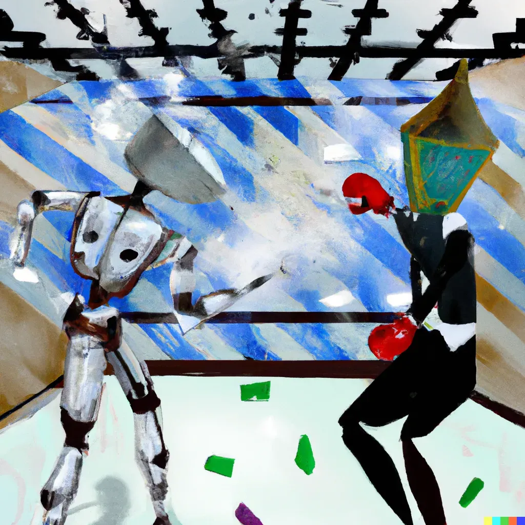 A cartoon image of a human fighting a robor